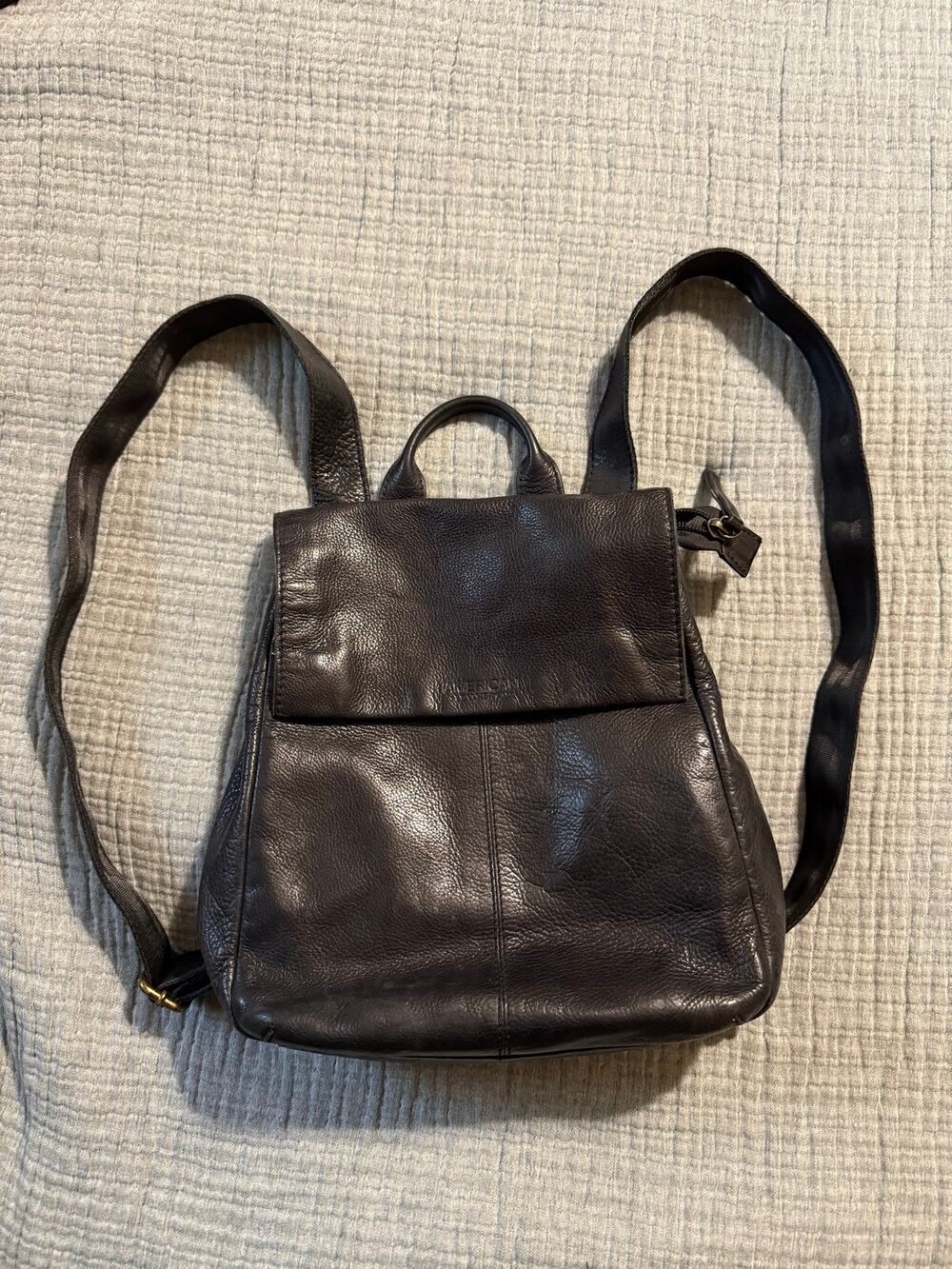 American Leather Co. Backpack Black Fold Over Leather Mini 12” Classic Bag